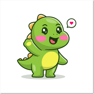 Cute baby dinosaur waving hand cartoon Posters and Art